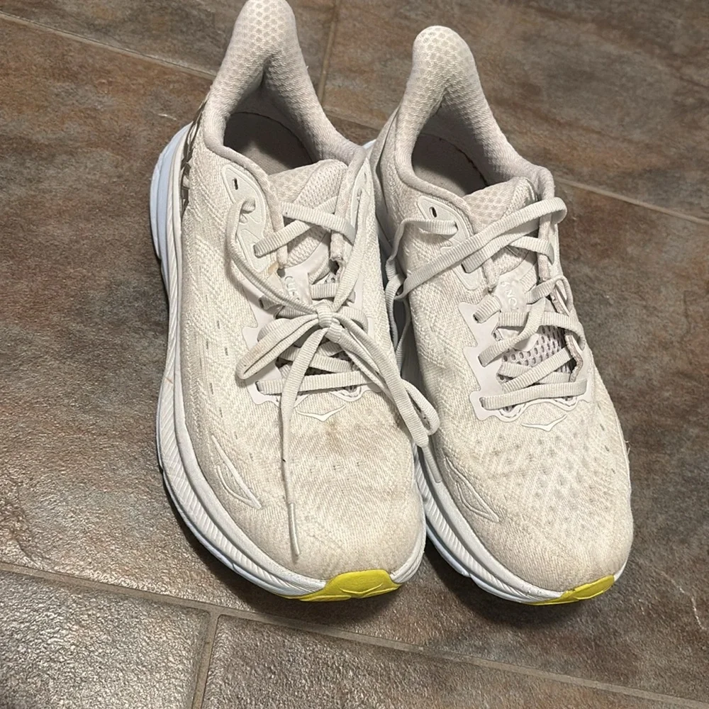 Hoka Women’s Athletic Running Shoes in Light Beige with Yellow Accents